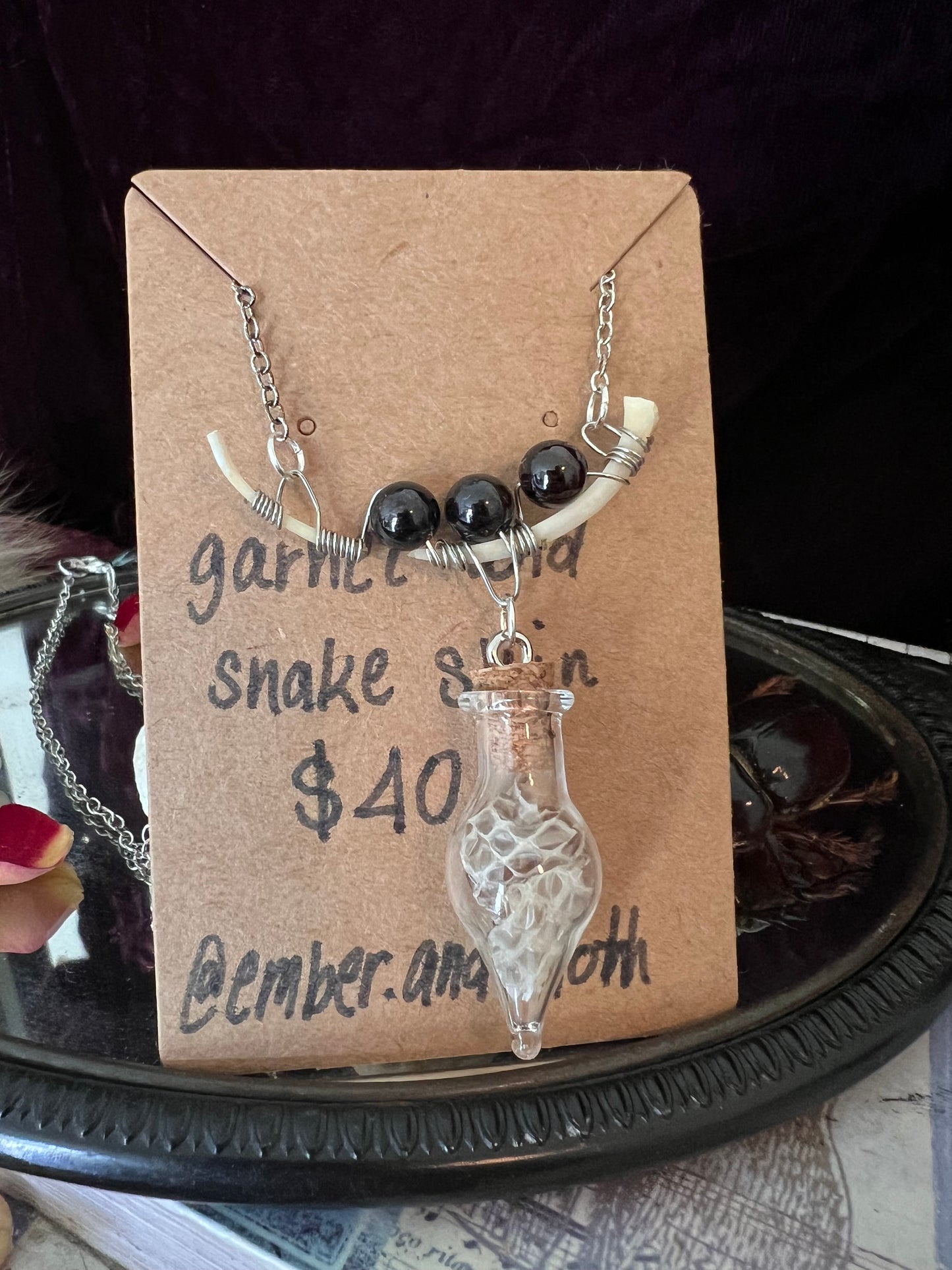 Snake skin and rib bone necklace